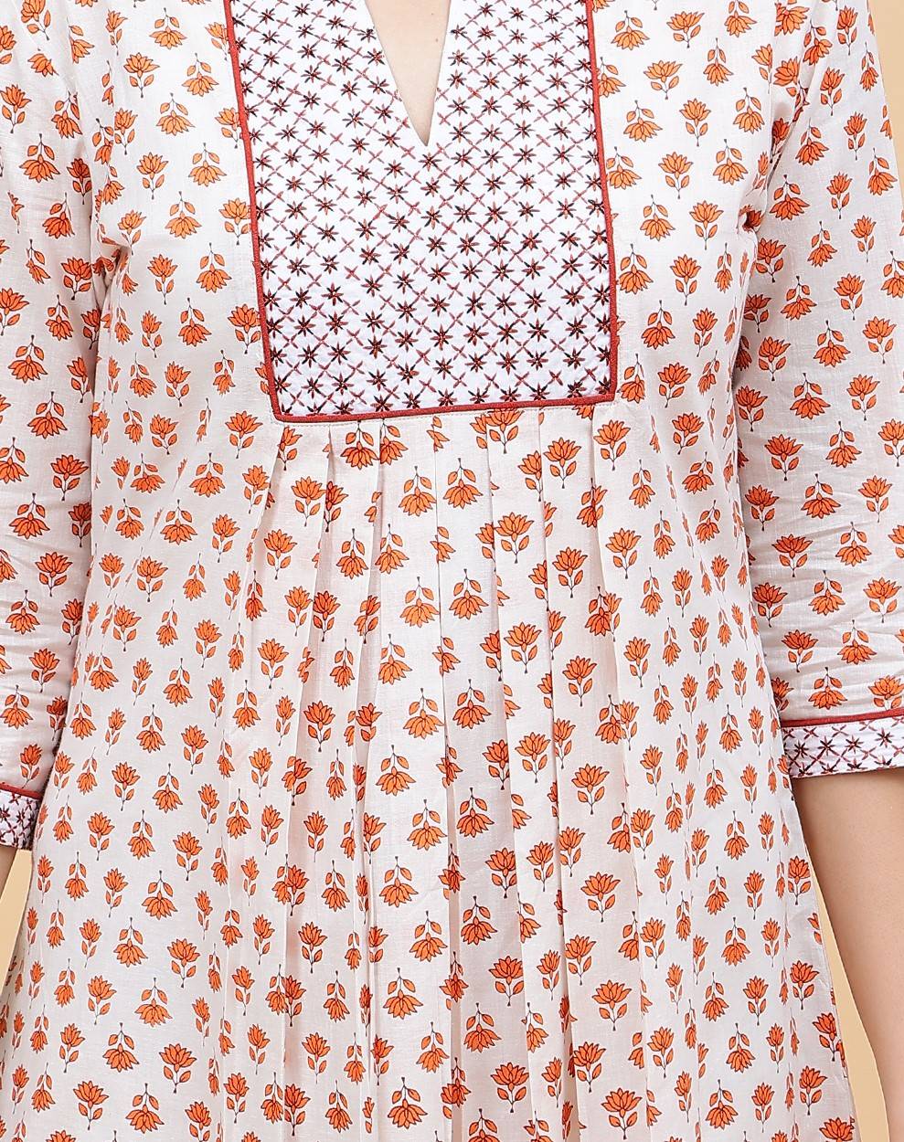 Women Coral And White Floral Yoke Design Embroidery Cotton Kurti