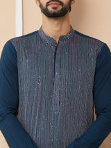 Dark Blue Thread & Sequins Worked Pure Cotton Straight Kurta with Pyjama