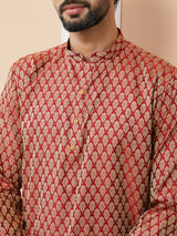 Beige-Maroon Ethnic Motifs Silk Jacquard Woven Design Straight Kurta with Pyjama