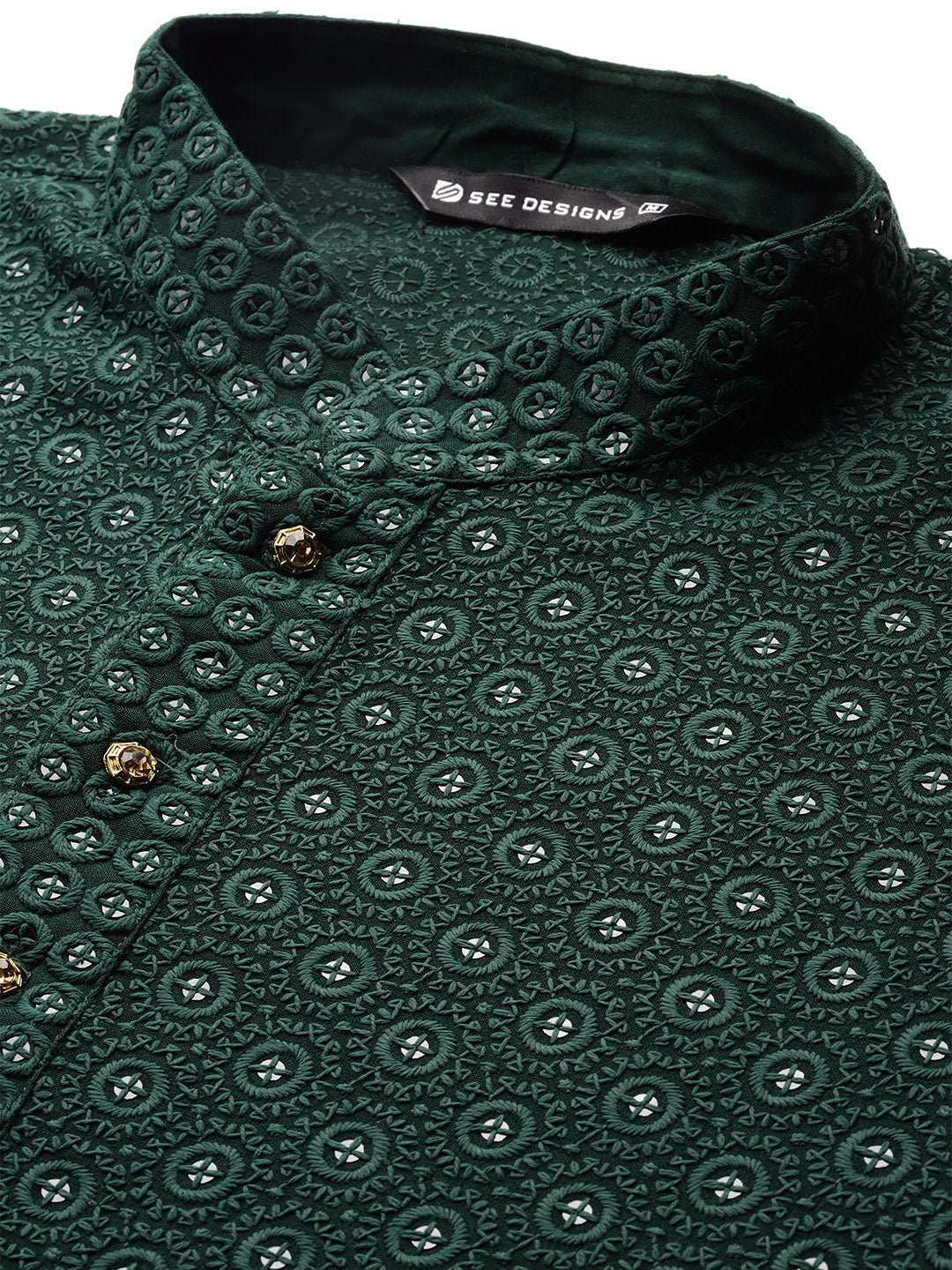 Men Green Embroidered Sequin Rayon Kurta