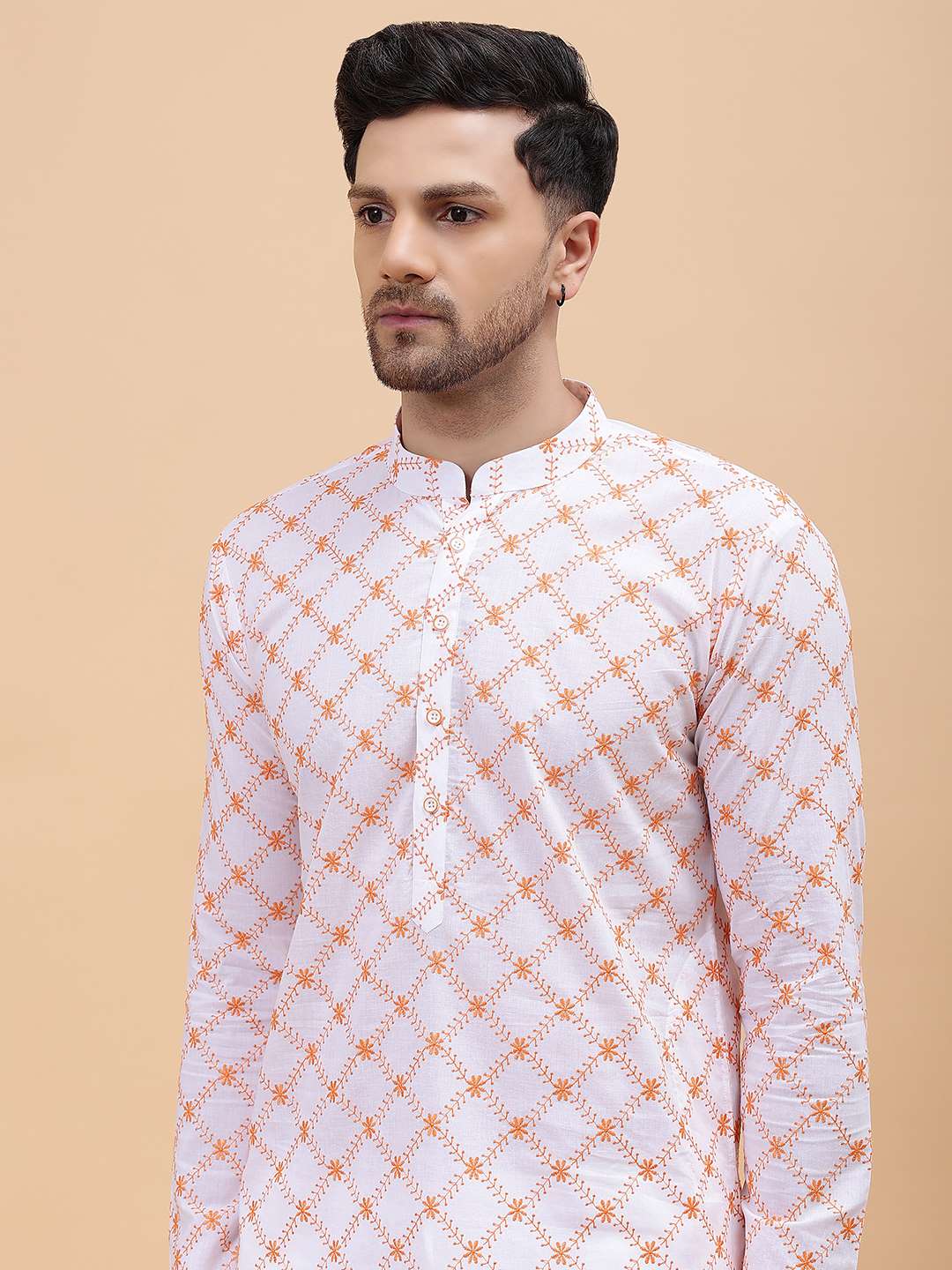 Men White & Orange Pure Cotton Embroidered Straight Kurta