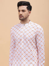 Men White & Orange Pure Cotton Embroidered Straight Kurta