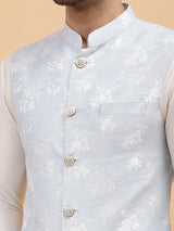 Riwaat.com Men Off White Kurta Pajama & Sky Blue Woven Design Jacquard Nehru jacket Riwaat Indo Western