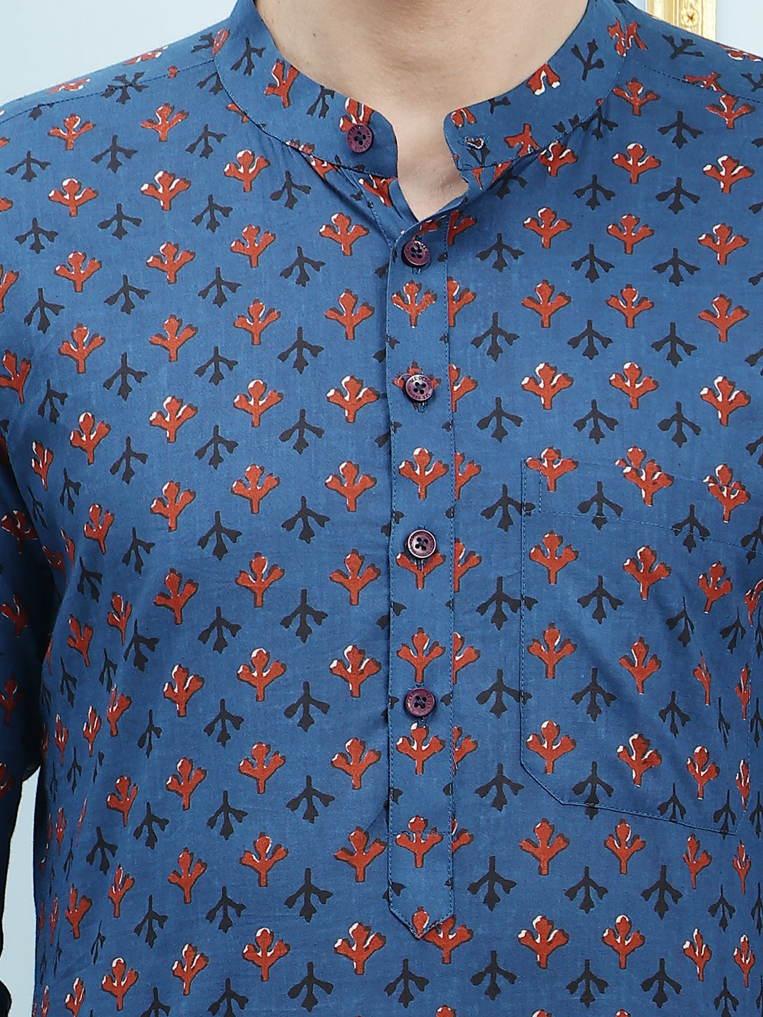 Men Blue Printed Cotton Short Kurta