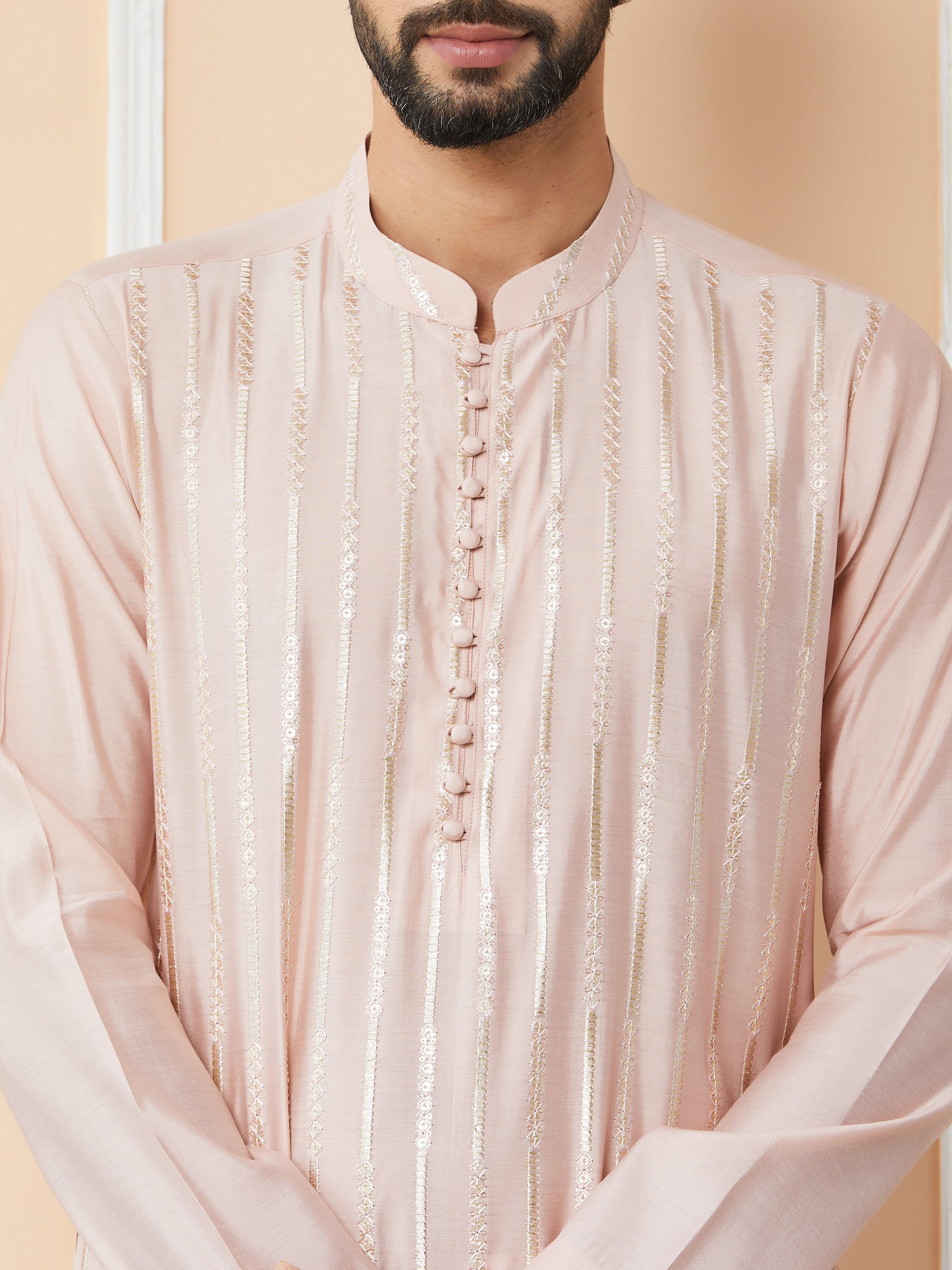 Light Pink Sequins Embroidered Pure Chanderi Silk Straight Kurta with Pyjama