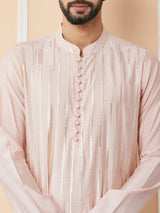 Light Pink Sequins Embroidered Pure Chanderi Silk Straight Kurta with Pyjama