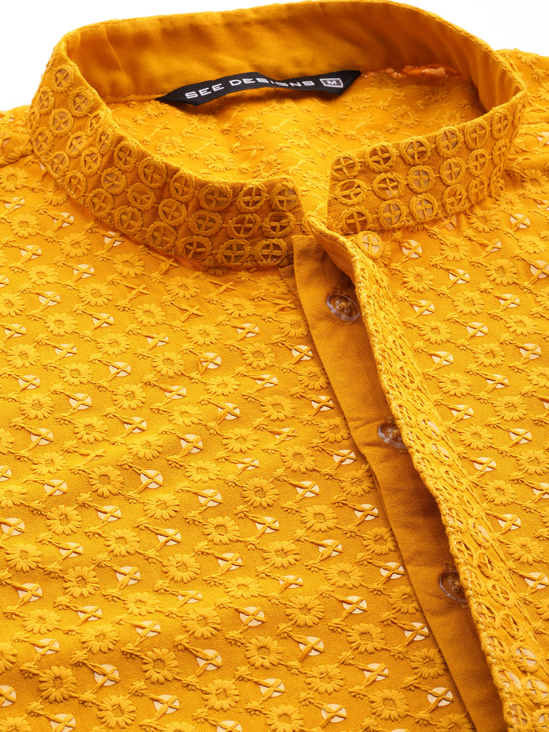 Men Mustard Floral Embroidered Sequin Rayon Kurta