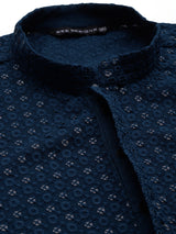 Men Teal Blue Floral Embroidered Sequins Rayon Kurta With pyjama