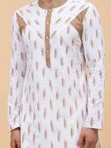 Men White and Brown Printed Kurta With pyjama