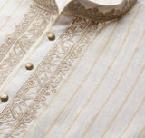 Men Beige & Gold Silk Woven Design Straight Kurta With Pajama