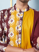 Men Maroon,Mustard and White Printed Kurta With pyjama