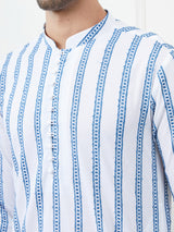 Men White And Blue Chikankari Embroidered Cotton Kurta Set