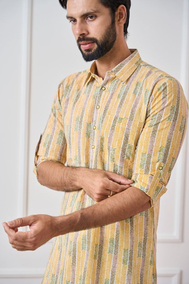 Yellow Regular Pure Cotton Pathani Kurta With White Salwar