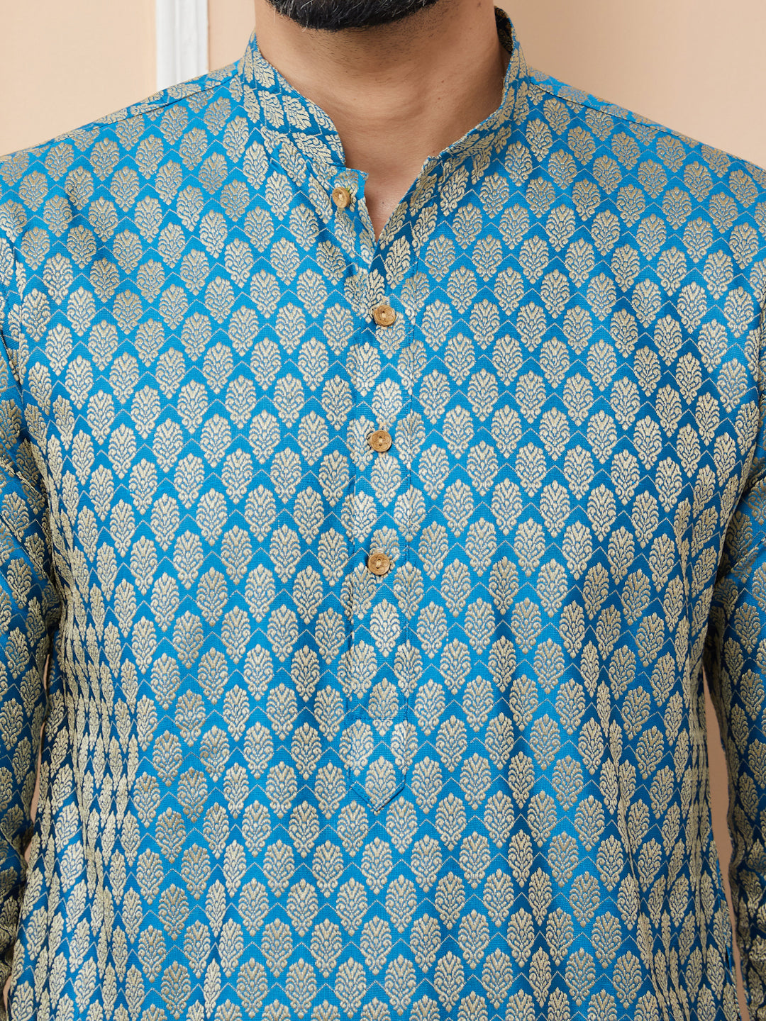 Blue Chalk Ethnic Motifs Silk Jacquard Woven Design Straight Kurta with Pyjama