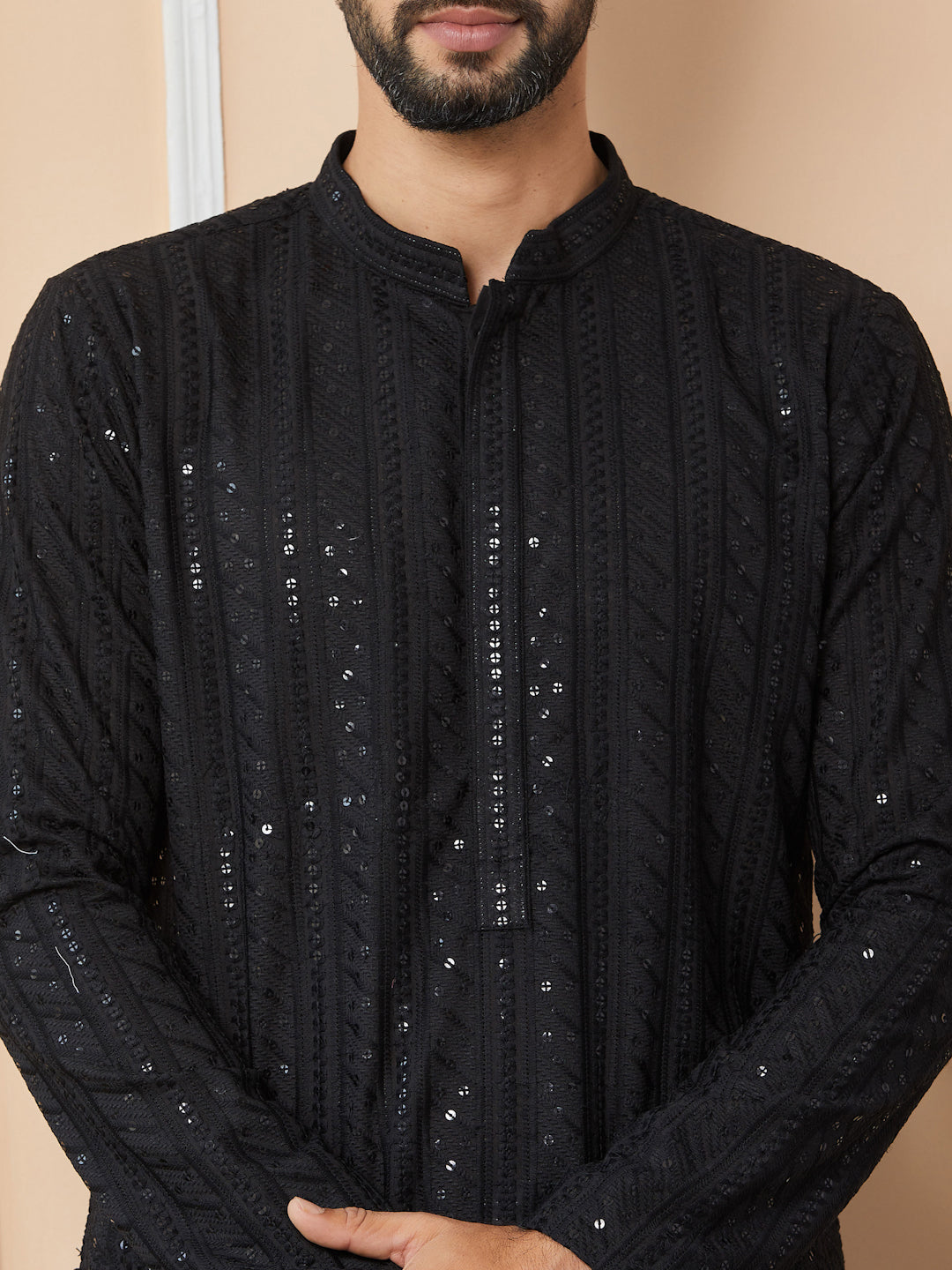 Black Sequins Embroidered Chikankari Pure Cotton Straight Kurta with Pyjama