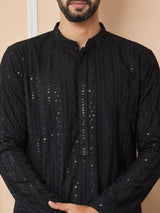Black Sequins Embroidered Chikankari Pure Cotton Straight Kurta with Pyjama