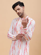 Men White & Pink Pure Cotton Printed Straight Kurta With Pajama