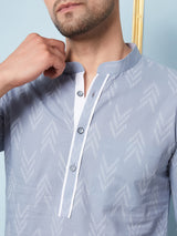 Men Grey & White Printed Cotton Short Kurta