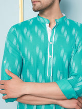 Men Turquoise & White Printed Cotton Short Kurta