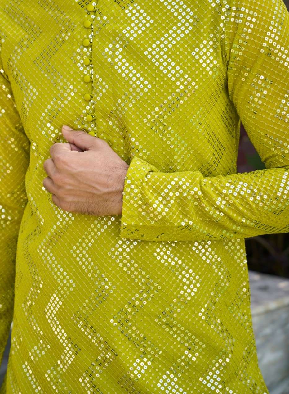 Men Lime Green Sequins Woven Designs Kurta