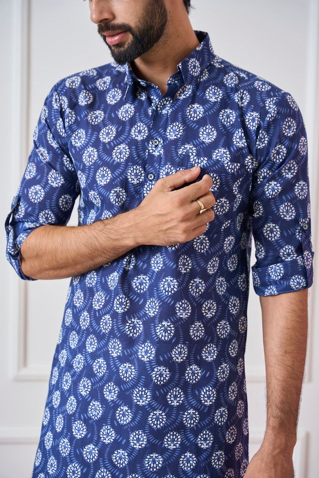 Men Indigo Regular Pure Cotton Pathani Kurta