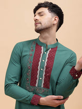 Men Green & Maroon Pure Cotton Embroidered Straight Kurta