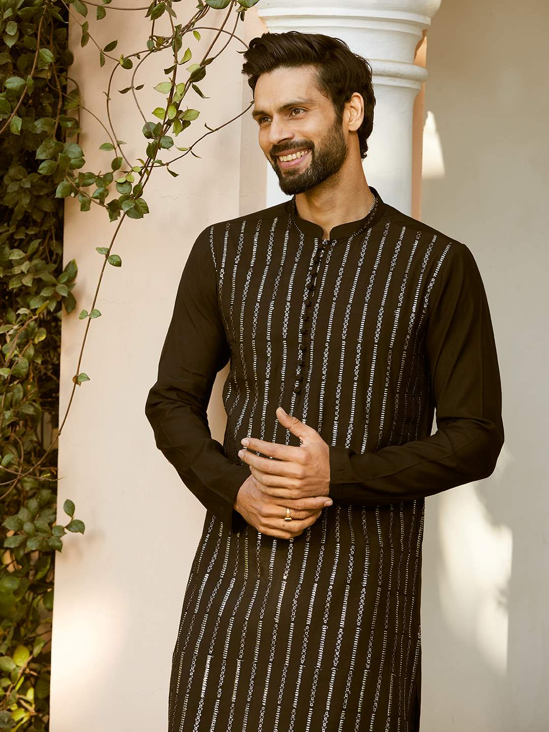 Men Jet Black with Silver Stripes Chanderi Silk Sequins Kurta With Pajama