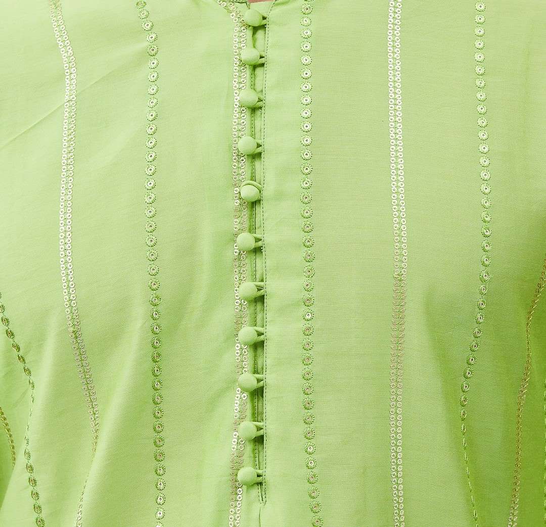 Men Bright Lime Green with Subtle Silver Sequin Stripes Cotton Kurta Set