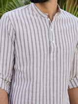 Brown Woven Striped Cotton Short Kurta