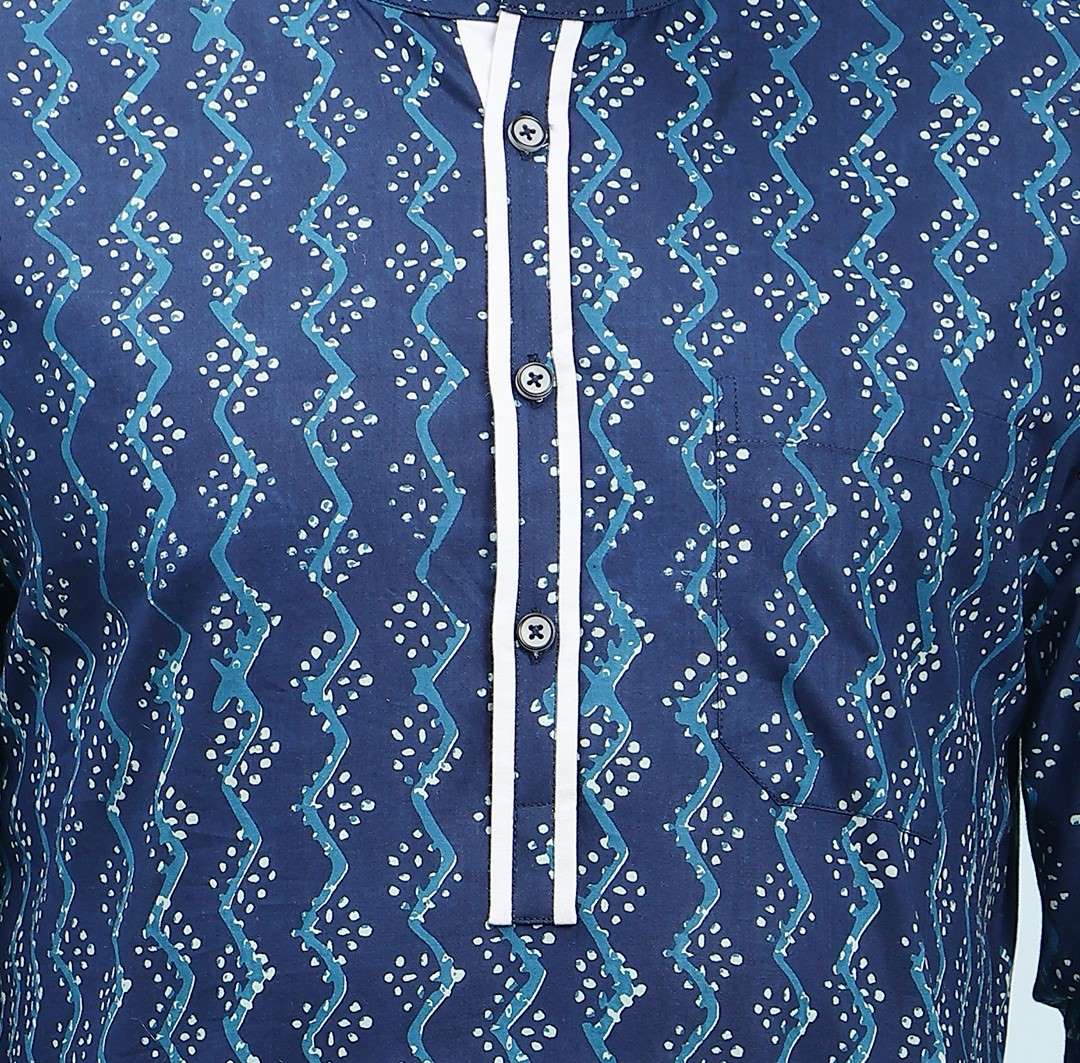 Men Blue & White Azure Zigzag Printed Cotton Short Kurta