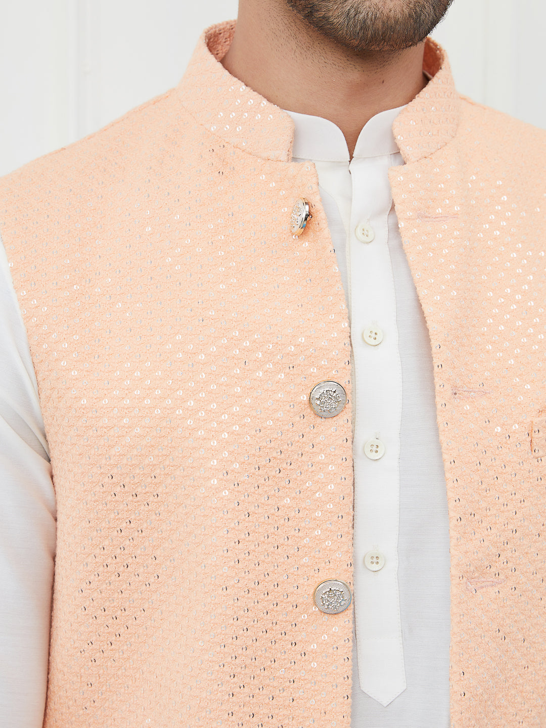 Men Peach Color Woven Design Embroidery With Sequence Cotton Nehru Jacket