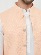 Men Peach Color Woven Design Embroidery With Sequence Cotton Nehru Jacket