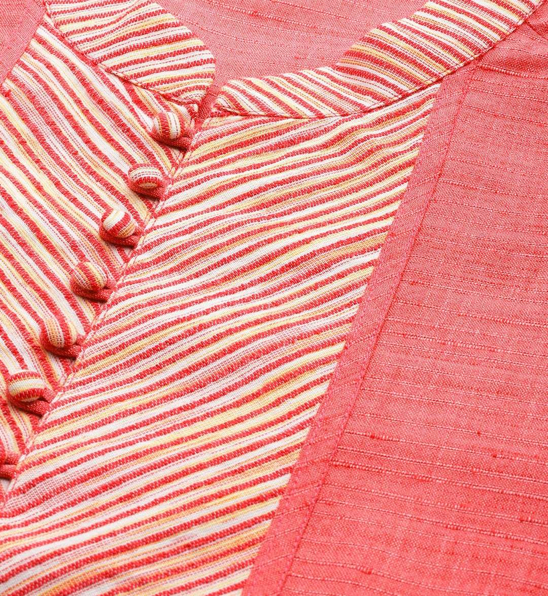 Men Coral Red with Striped Accents Silk Woven Design Straight Kurta With Pajama