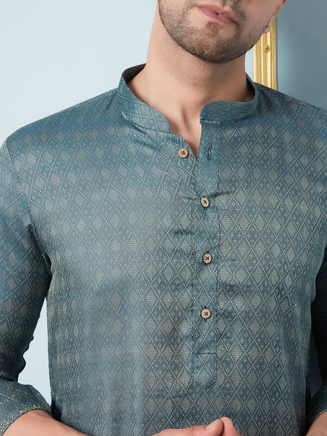 Men Green & Gold Woven Design Thread Work Kurta With pyjama
