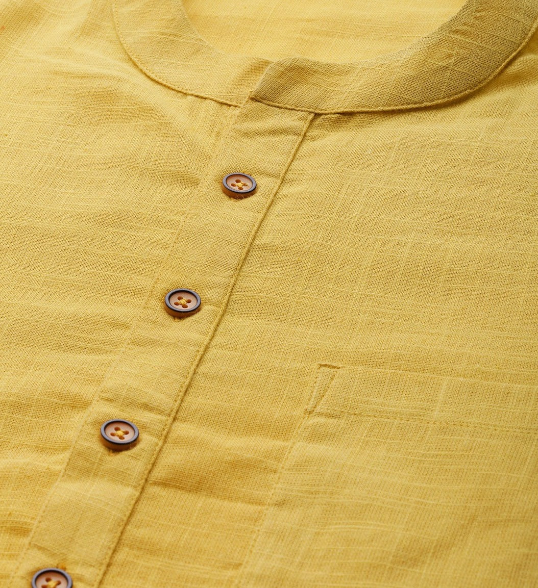 Men Yellow Cotton Straight Kurta with Slub Effect