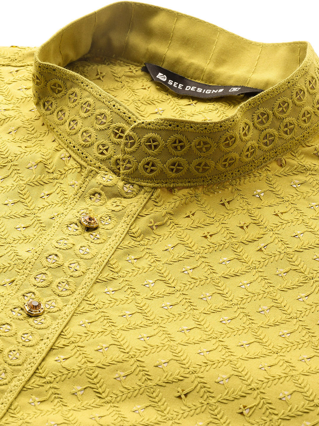 Men Lime Green Embroidered Sequin Rayon Kurta