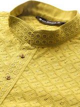 Men Lime Green Embroidered Sequin Rayon Kurta