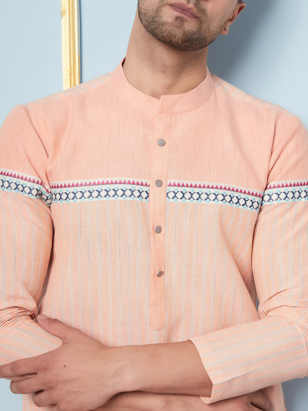 Men Peach And Weaving Design Kurta
