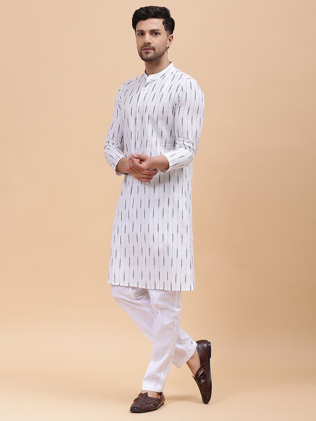 Men White & Grey Pure Cotton Printed Straight Kurta With pyjama
