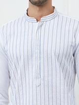 Men White Cotton Blue Thread Work & Sequinses Kurta With Pyjama