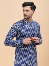 Men Navy Blue & White Pure Cotton Printed Straight Kurta