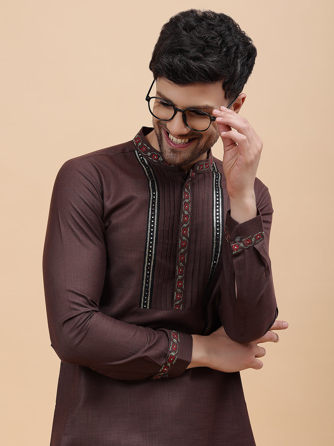 Riwaat.com Men Coffee Zari Work Silk Woven Design Straight Kurta Riwaat Silk Woven Design Zari Work