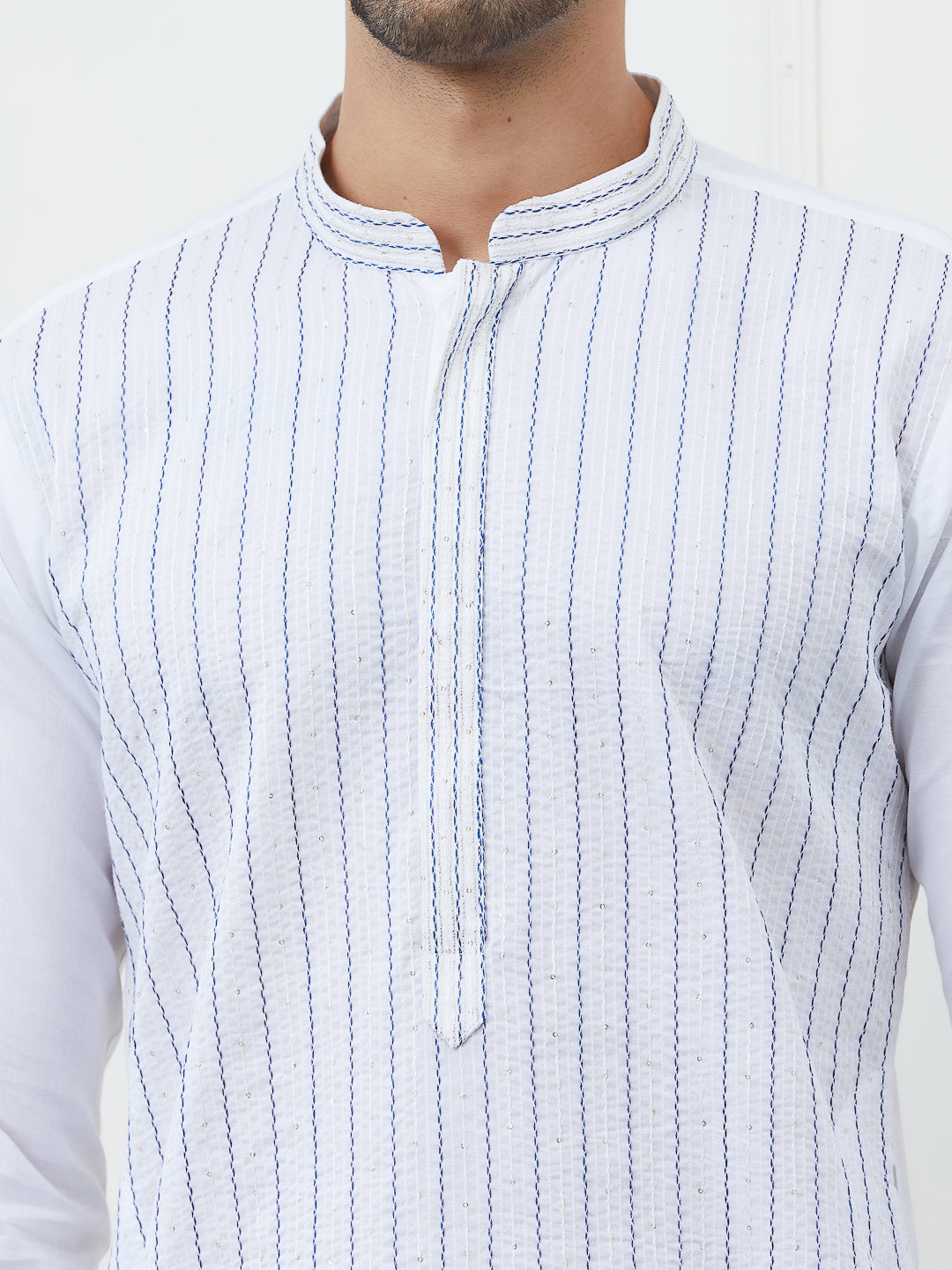 Men White Cotton Blue Thread Work & Sequince Kurta