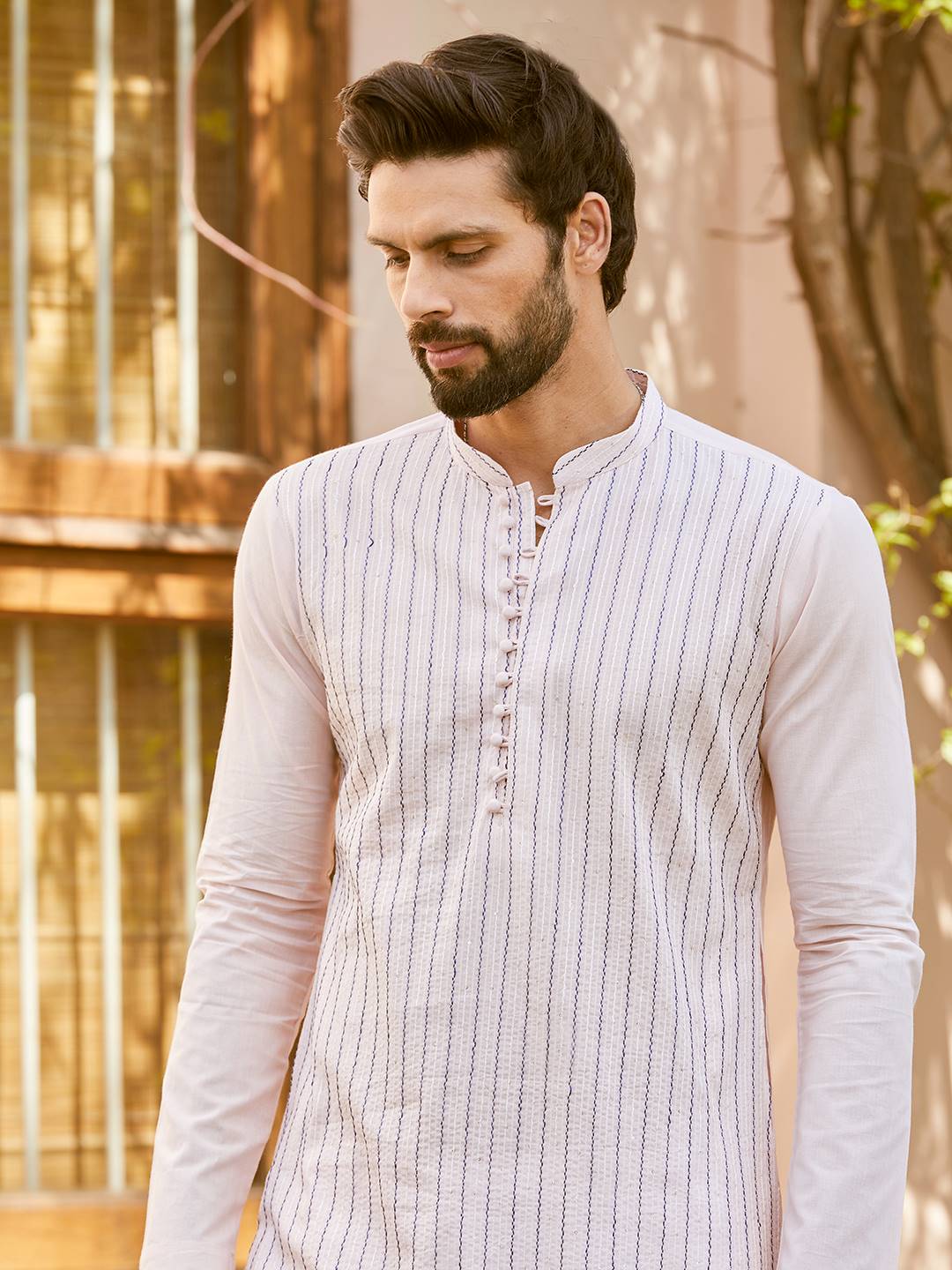 Men Soft Blush Pink with Navy Blue Stripes Pintex Design Sequins Cotton Kurta With Pajama