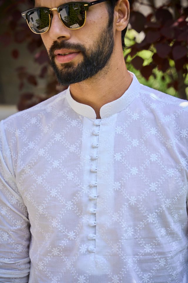 Men White Chikankari Embroidered Straight Kurta With White Salwar