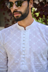Men White Chikankari Embroidered Straight Kurta With White Salwar