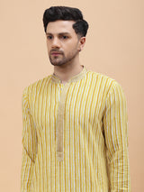 Men Gold & White Pure Cotton Embroidered Straight Kurta With pyjama