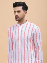 Men White & Pink Pure Cotton Embroidered Straight Kurta With pyjama