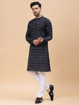 Men Black & White Pure Cotton Printed Straight Kurta With pyjama