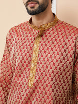 Red-Beige Ethnic Motifs Silk Jacquard Woven Design Straight Kurta with Pyjama with Embroidered Neckline
